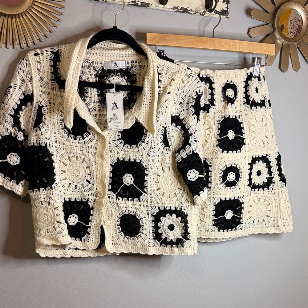 Black and Cream Crochet Top and Skirt Set S/M
